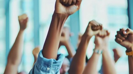 A group of people are raising their hands in the air, with one hand raised above the other. Concept of unity and solidarity, as if the people are coming together to support a common cause or idea