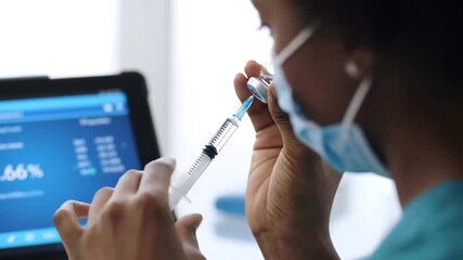 A person wearing a mask draws liquid from a vial into a syringe with a tablet nearby - Powered by Adobe