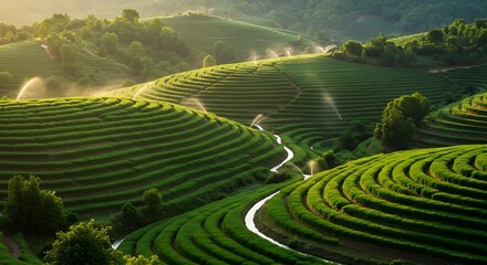Agricultural landscape of vast green tea plantations on terraced hills with an active irrigation sprinkler system.