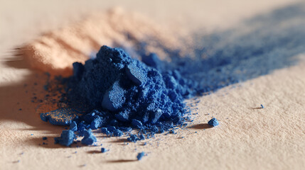 Brilliant blue pigment powder scattered on a beige surface creates a striking visual contrast.