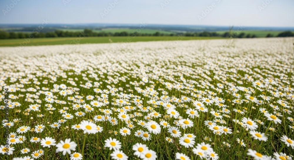 Poster panoramic view of a flowering daisy field with endless greenery.