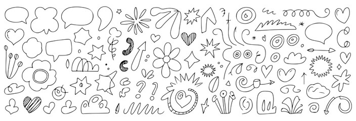 Playful Doodles: A Whimsical Assortment of Hand-Drawn Icons for Creative Designs and Artistic Backgrounds, all in linear simple black and white style.