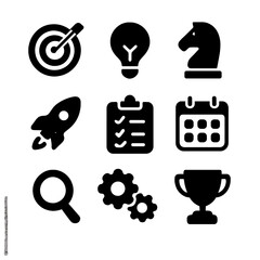 UX Strategy Icons. Solid, filled icon set of UX strategy: target, light bulb, chess knight, rocket, checklist, calendar,