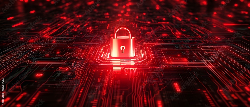 Aufkleber a glowing red padlock over a circuit background symbolizes cybersecurity and data protection in the 