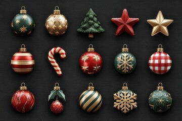 Collection of festive ornaments including spheres, Stars, Christmas Trees, snowflakes, and candy canes arranged on a dark blue background
