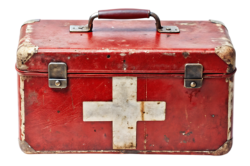 Vintage First Aid Kit: A weathered, red metal first aid kit with a white cross - isolated on a background.PNG