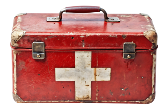 Vintage First Aid Kit: A weathered, red metal first aid kit with a white cross - isolated on a background.PNG