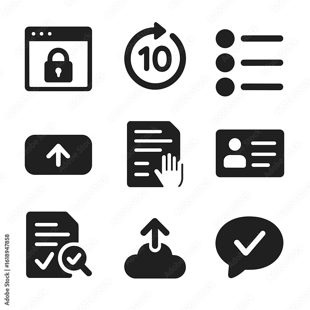 Poster virtual exam tools icons. solid, filled icons set of virtual test-taking tools: secure browser, coun