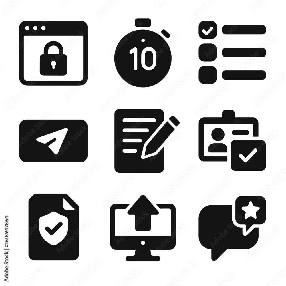 Aufkleber virtual exam tools icons. solid, filled icons set of virtual test-taking tools: secure browser, coun