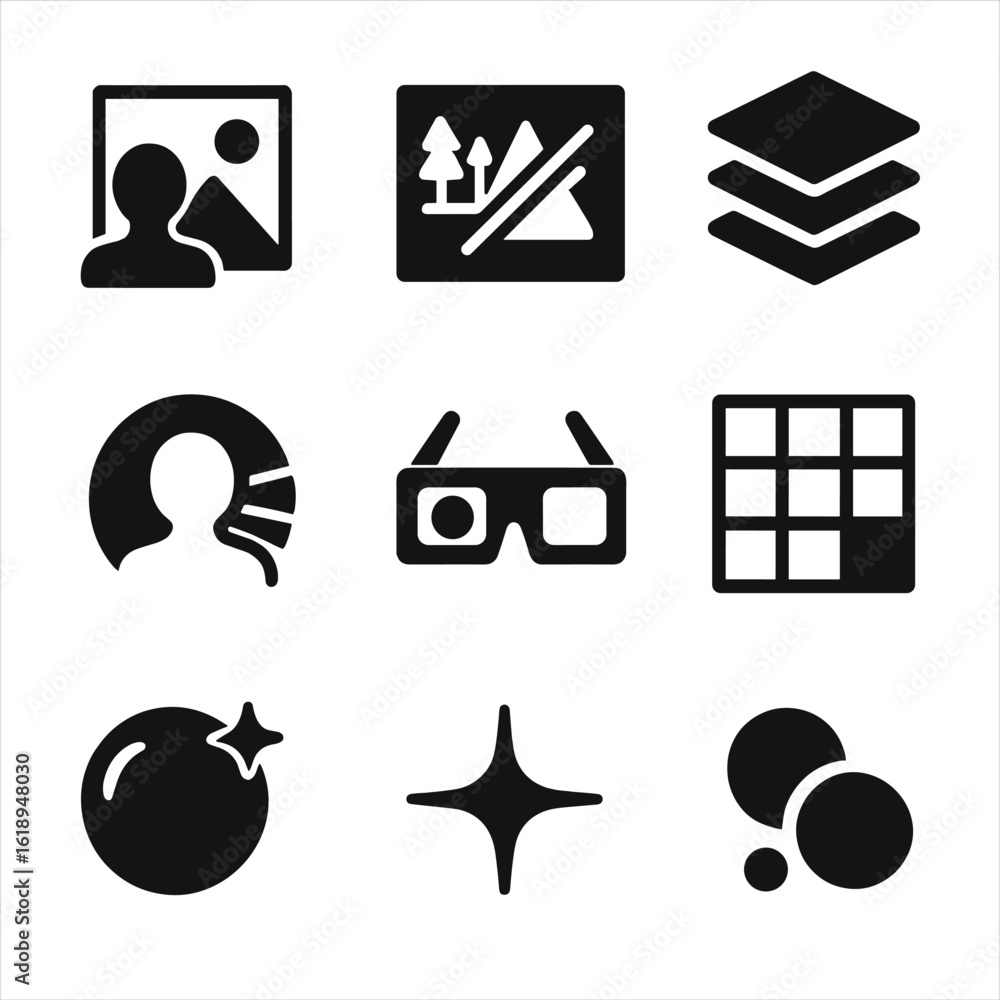 Poster 3d visual effects icons. solid, filled icon set of 3d visual effects: depth perception, parallax, an