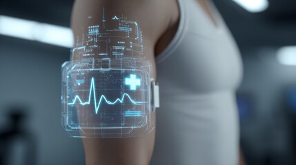 A futuristic wearable health monitor displays vital signs on a person's arm, integrating technology with personal wellness.