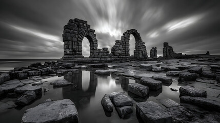 Ancient stone arches stand against a dramatic sky over a rocky shore with tidal pools ancient ruins