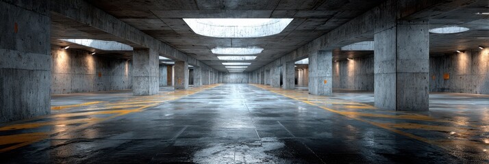 Large empty underground parking garage with concrete pillars and wet floor