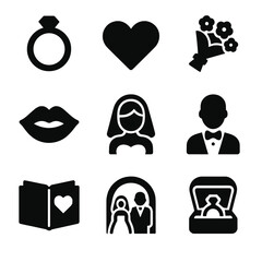 Wedding Icons Grid. Solid, filled icon set of wedding symbols: wedding ring, heart, bouquet, kiss, bride, groom, vows, ceremony,