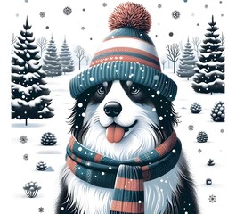 Puppies in winter hats, snowy winter vibe, with Christmas decorations