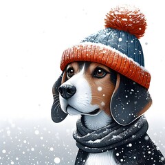 Puppies in winter hats, snowy winter vibe, with Christmas decorations
