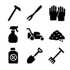 Weed Control Tools Icons. Solid, filled icon set of weed control tools: garden hoe, weed puller, gloves, spray bottle, lawn mower,