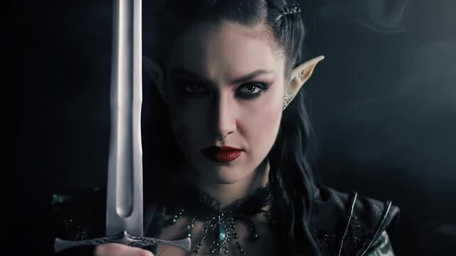 Portrait of an elf woman holding a sword in front of her face with a dark background look