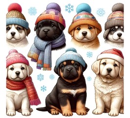 Puppies in winter hats, snowy winter vibe, with Christmas decorations