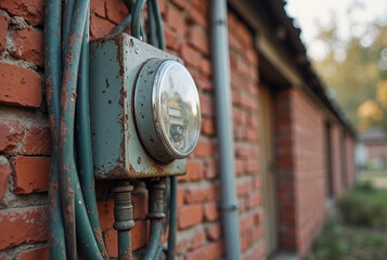 Old Electric Meter and Cables on Brick Wall in Rural Area