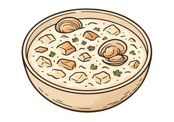 Cartoon Illustration of Clam Chowder Creamy Seafood Soup in a Bowl
