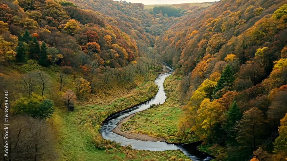 Poster a winding river flows through a valley filled with trees displaying autumn colors