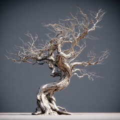 Twisted dry tree with bare branches against gray background