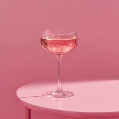 Glass of sparkling rosé on pink table with soft lighting