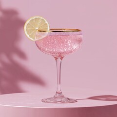 Pink glitter cocktail with lemon slice on pastel background