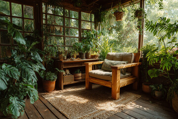 Obraz premium A peaceful corner filled with greenery, natural wooden furniture and a woven rug