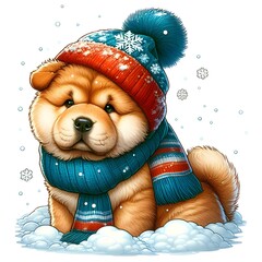 Puppies in winter hats, snowy winter vibe, with Christmas decorations