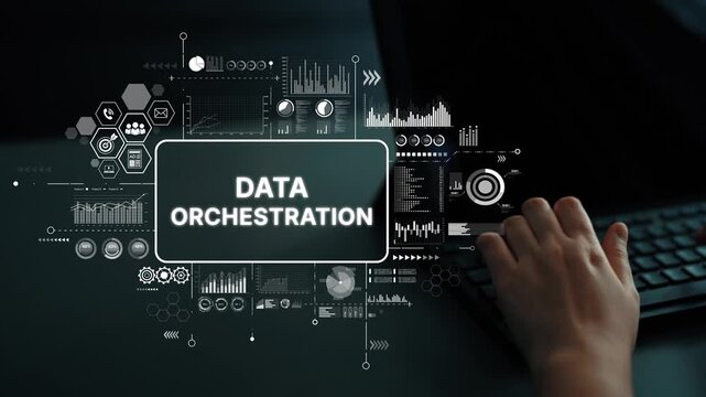 Digital Concept of Data Orchestration with Hands Typing on Keyboard and Graphs in Background. Asymptotic smart data analytic.