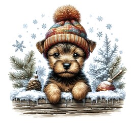 Puppies in winter hats, snowy winter vibe, with Christmas decorations