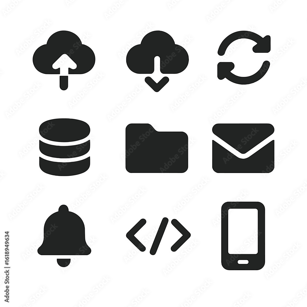 Poster workflow icons grid. solid, filled icon set of digital workflow: cloud upload, download arrow, sync 