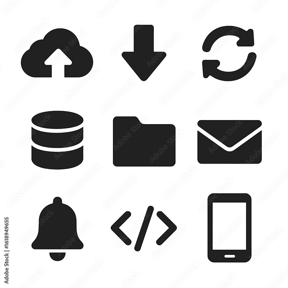 Poster workflow icons grid. solid, filled icon set of digital workflow: cloud upload, download arrow, sync 