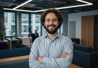 Obraz premium Smiling businessman with curly hair and beard poses confidently with arms crossed in a modern office environment