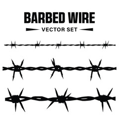Barbed wire vector set with realistic silhouettes of sharp wire for security and fencing designs