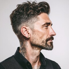Obraz premium Side profile of tattooed man with earring on gray background