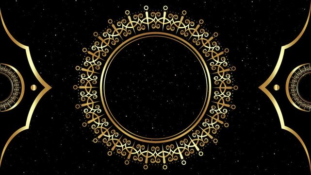 Animation of vintage Luxury mandalas background with old gold frame in arabesque pattern Arabic style. Motion Graphics Video Mandala Rotating on Both Sides. Starry Galaxy Background, copy space