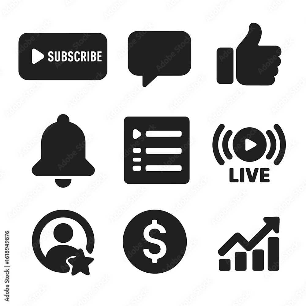 Poster youtube channel icons. solid, filled icons set of youtube channel elements: subscribe button, commen