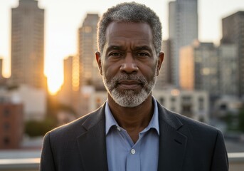 Mature african american man with salt and pepper beard gazes confidently towards the viewer with a cityscape at sunset behind him