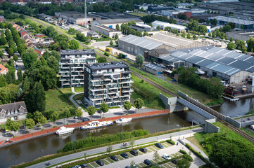High angle panoramic view over the city of Diksmuide, West Flanders, Belgium