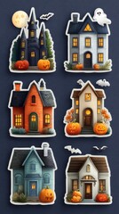Colorful Halloween-themed house stickers featuring pumpkins and spooky details at night