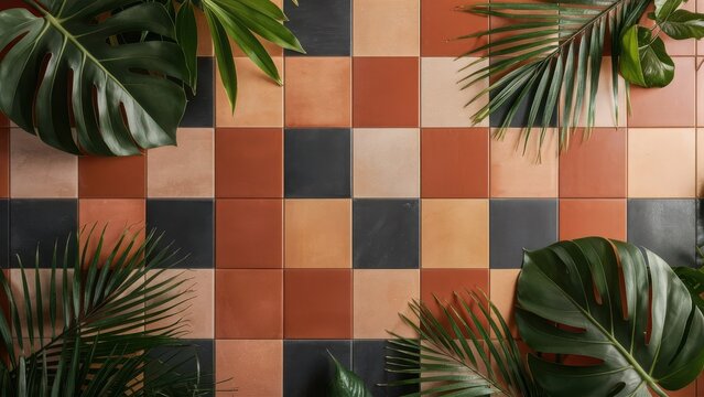 Geometric terracotta and teal tile pattern with lush green tropical leaves