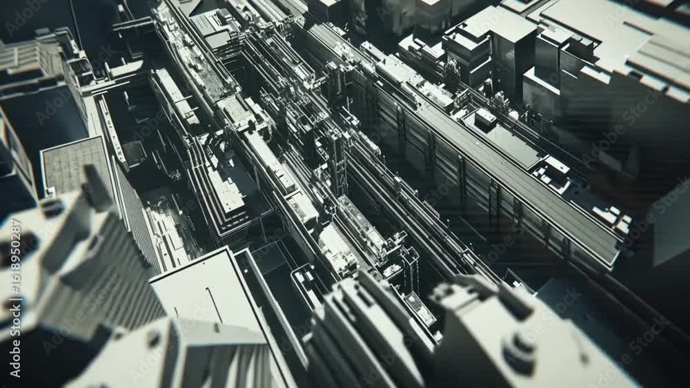 Poster aerial view of a dense futuristic cityscape featuring angular buildings and complex interconnected s
