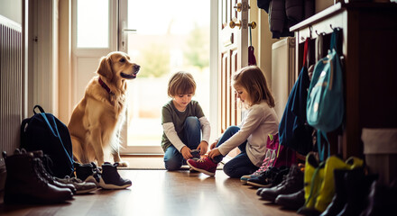 Children and dog waiting by the door with boots