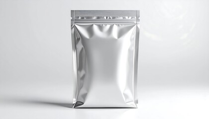 Blank silver foil pouch packaging mockup with ziplock on a white background for product branding