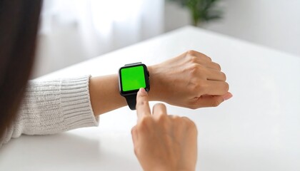 A woman's hand using a modern smartwatch with a blank green screen for mockup. Close-up of wearable technology.