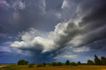 Dramatic storm clouds in the sky, dark severe storm clouds, supercell.