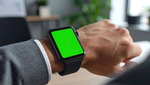 Businessman's wrist with a modern smartwatch featuring a green chroma key screen for mockups, close-up in an office environment.
